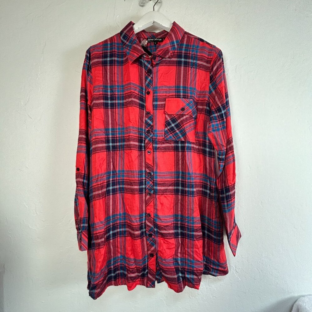Tolani Collection Womens Watermelon Plaid Neicy Mixed Media Shirt Large Red New